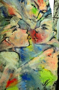 colori, murales, murale, bacio, tre, quadro, volti, muro, dipinto, persone, pittura