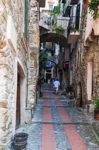 vicolo, archi, porta, balconi, gradini, salita, finestre, porte, paese, balcone, fiori, persona