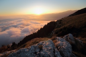 montagna, nuvole, alberi, rocce, controluce, tramonto, sassi, panorama, alba, roccia, cielo, bosco, sole