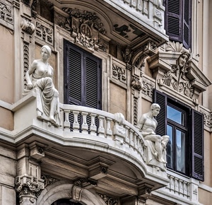 balcone, statue, finestre, palazzo, liberty, persiane, porta, balconi, vetri