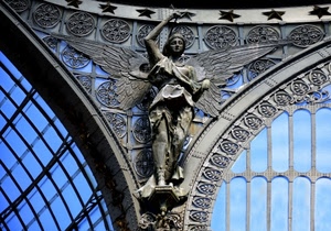 statua, angelo, ali, stelle, archi, vetrata, metallo, vetrate, vetro, ferro