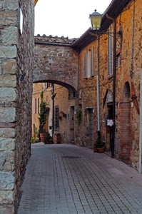 arco, lampione, vicolo, porte, finestre, vasi, case, piante, strada, pietra, verde, muro, selciato, tombino, paese