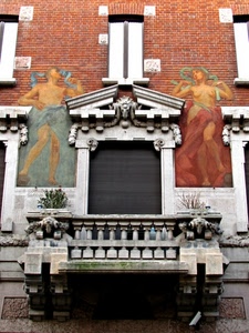 balcone, mattoni, liberty, finestra, persiana, finestre, balaustra, dipinti, palazzo, dipinto, affresco