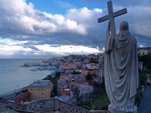 croce, panorama, statua, mare, cristo, nuvole, case, città, paesaggio