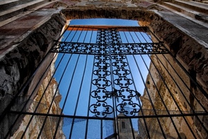 cancello, cielo, ferro, croce, portale, chiuso, rete, azzurro, entrata