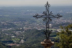 croce, ferro, panorama, alberi, verde, pianura, case
