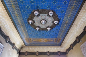 soffitto, azzurro, lampadine, lampadario, decorazioni, blu, lampade, disegni, cornice, luci, affresco