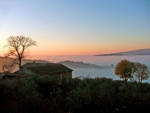nebbia, alberi, panorama, alba, casa, paesaggio, cielo, tetto, campagna, case, tramonto