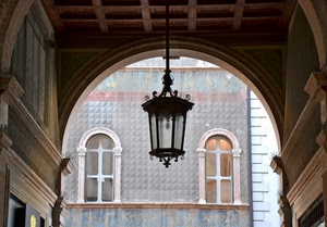 lampione, finestre, arco, due, palazzo, portico, vetro, palazzi