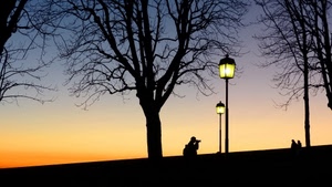 alberi, lampioni, tramonto, silhouette, controluce, persone, fotografo, rami, luci, cielo