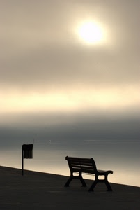 panchina, mare, controluce, sole, cielo, cestino, nebbia, acqua, lago, foschia, tramonto