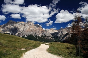 nuvole, strada, montagna, alberi, sentiero, montagne, prato, prati, cielo