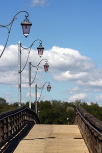 ponte, lampioni, nuvole, cielo, alberi, quattro, ringhiere, legno