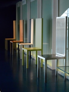 sedie, verde, cinque, colori, fila, schienale, prospettiva, riflessi