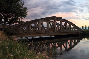 ponte, fiume, nuvole, riflesso, alberi, acqua, legno, fiori, tramonto, cielo