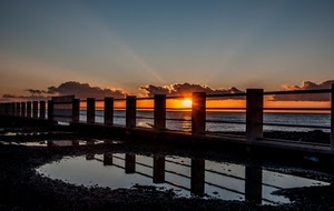 mare, tramonto, sole, acqua, nuvole, ringhiera, pozzanghera, riflessi, riflesso
