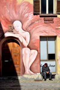 murales, porta, finestre, finestra, rosa, uomo, murale, panchina, seduto, portone, persona