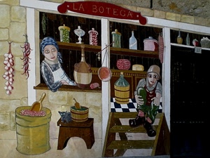 bottega, murales, insegna, negozio, murale, scala, dipinto, aglio, disegno, bottiglie