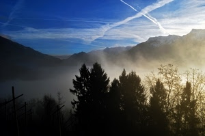 alberi, cielo, nebbia, montagne, scie, controluce, croce, montagna, azzurro