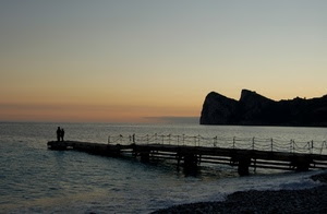 mare, persone, tramonto, pontile, acqua, controluce, due, molo, cielo