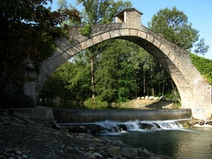 ponte, fiume, cascata, alberi, arco, acqua, pietra, sassi
