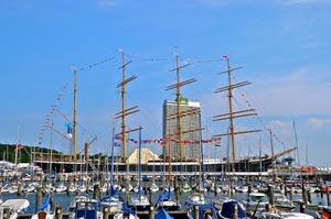 barche, porto, alberi, grattacielo, cielo, nave, veliero, acqua, palazzo