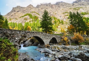 fiume, ponte, alberi, acqua, archi, montagne, montagna, verde