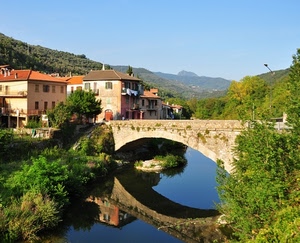 ponte, riflesso, fiume, verde, case, piante, acqua, arco, riflessi, alberi