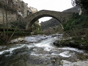 fiume, ponte, acqua, arco, alberi, rocce, montagna, verde, rami, case