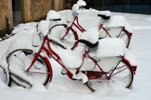 biciclette, neve, bianco, rosso, inverno, due