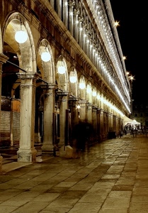 archi, portici, luci, notturno, lampioni, colonne, piazza, venezia, portico