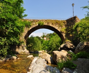 ponte, fiume, lampione, arco, rocce, verde, alberi, sassi, acqua, massi