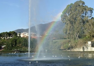 arcobaleno, acqua, alberi, fontana, zampillo, lago, montagna, albero, cielo