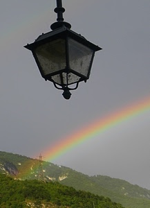 arcobaleno, lampione, cielo, montagna, montagne, colori, verde, traliccio