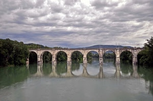 ponte, fiume, archi, nuvole, riflesso, acqua, alberi, arcate, riflessi