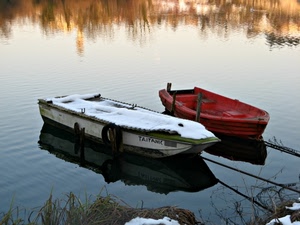 barche, acqua, neve, rosso, lago, due, bianco, rossa, ombra, riflessi, riflesso