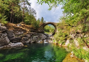 fiume, ponte, acqua, alberi, verde, rocce, arco, cielo, foglie, torrente, erba, rami, riflessi, piante