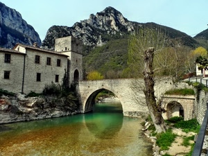 ponte, fiume, montagna, acqua, riflesso, montagne, arco, albero, torre, alberi