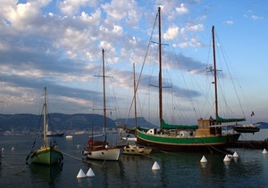 barche, mare, porto, nuvole, boe, alberi, acqua, galleggianti, cielo