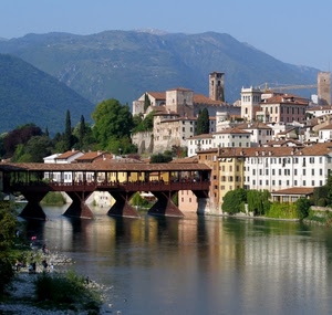 fiume, ponte, acqua, panorama, bassano, montagne, riflessi, palazzi