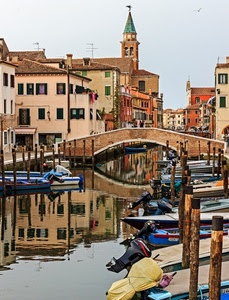 ponte, canale, barche, campanile, acqua, fiume, riflessi, riflesso