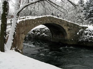 ponte, neve, acqua, fiume, inverno, alberi, albero