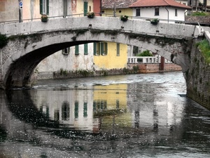 ponte, fiume, acqua, case, riflesso, finestre, riflessi, arco