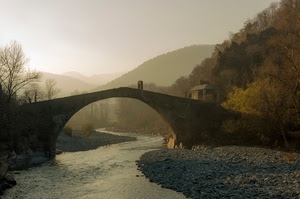 fiume, ponte, arco, alberi, acqua, foschia