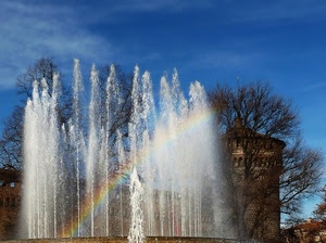 arcobaleno, fontana, acqua, alberi, zampilli, torre, castello