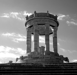 colonne, bianconero, monumento, tempio, gradini, cielo, scale, nuvole, scala