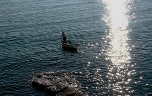 mare, barca, riflesso, pescatore, acqua, scoglio, controluce