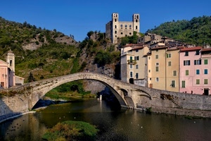 ponte, fiume, castello, case, arco, acqua, montagne