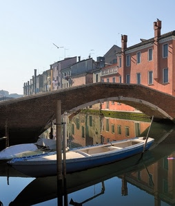 ponte, barca, riflesso, canale, case, acqua