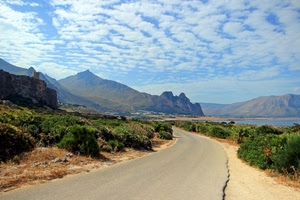 strada, nuvole, cielo, montagne, panorama, piante, montagna, lago